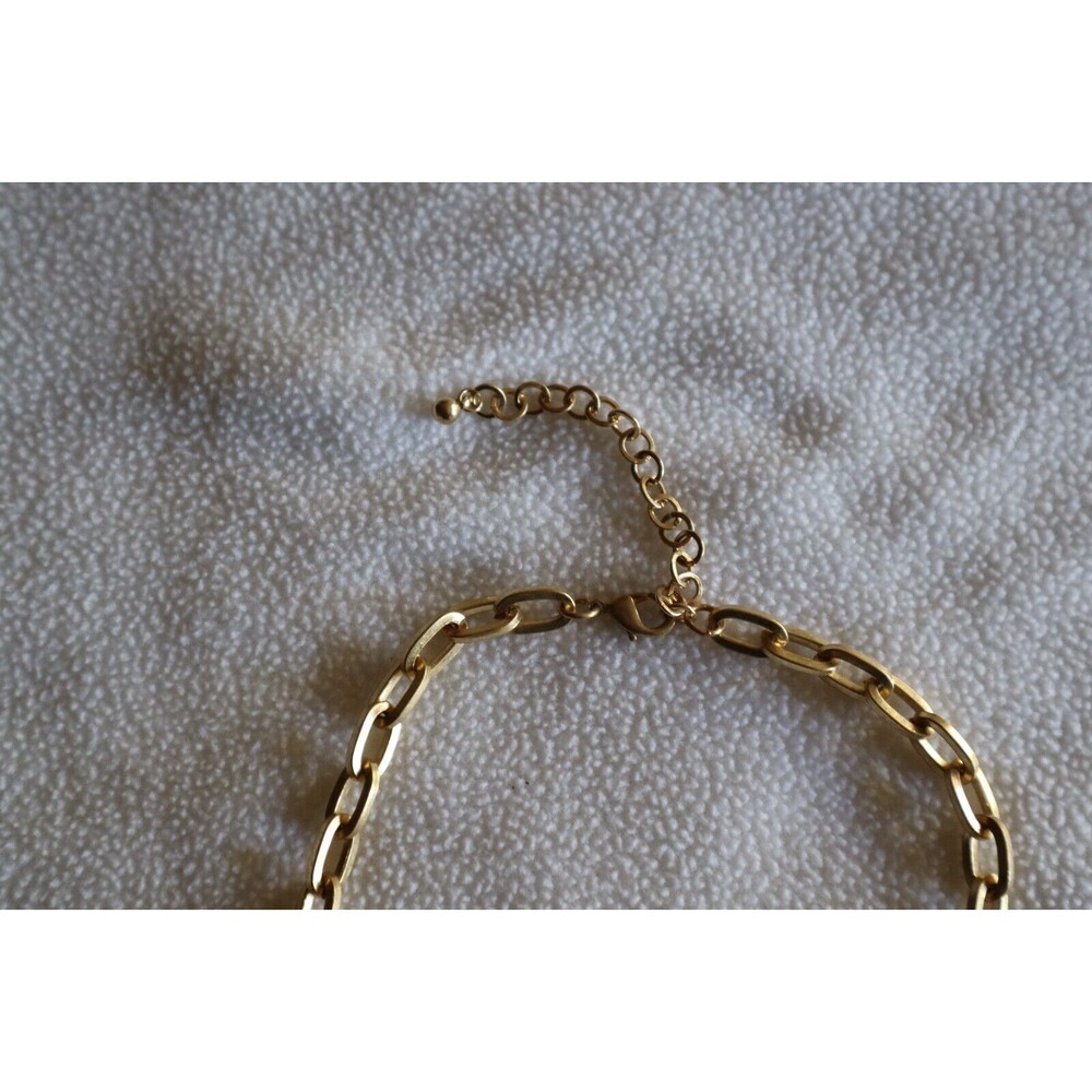 Gold Tone Chain Link Bead Necklace White Marbled Faux Howlite Rhinestone AB 17"+ - Picture 6 of 10